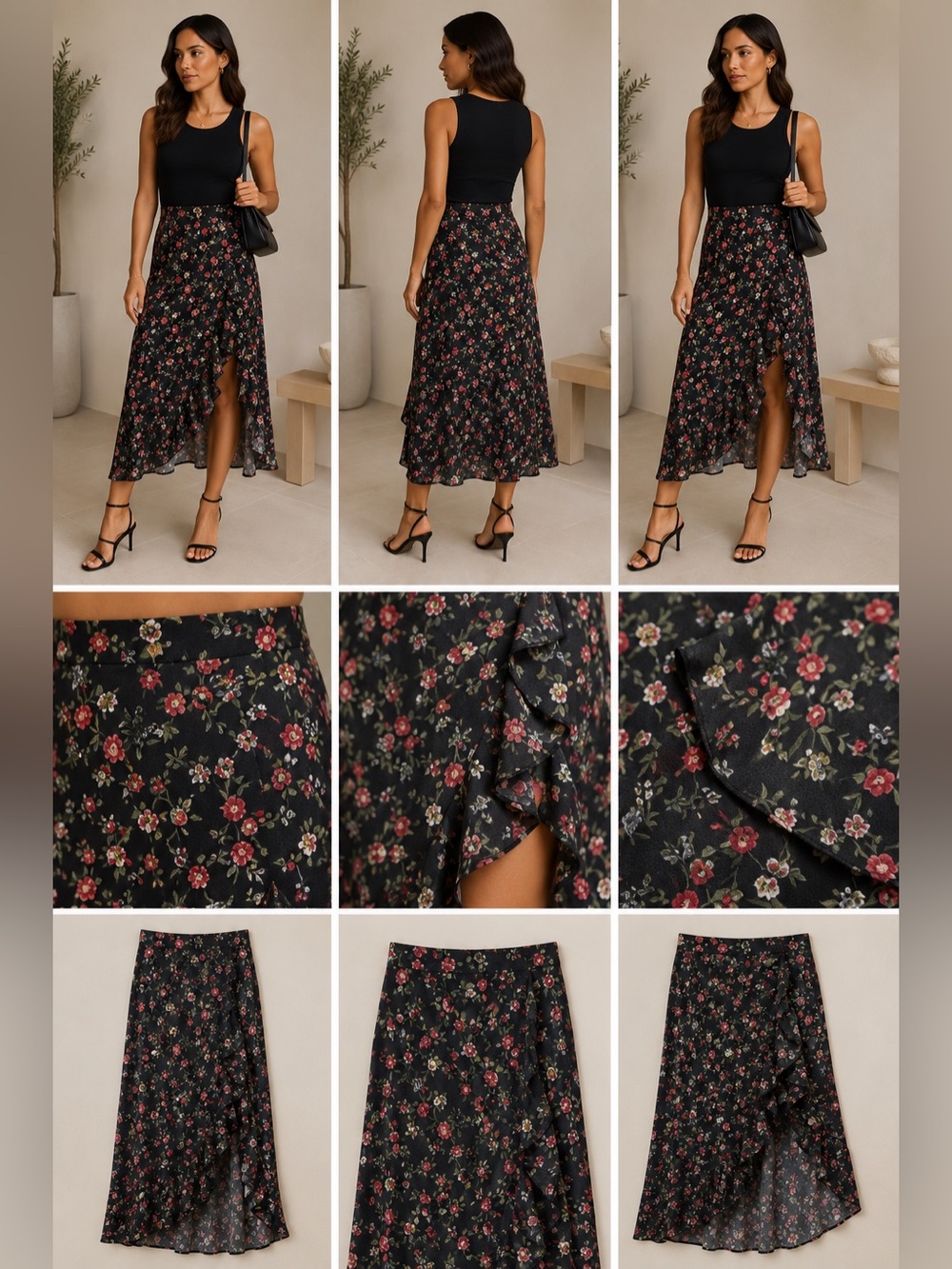 SHEIN Black Midi Skirt with Red Floral Print